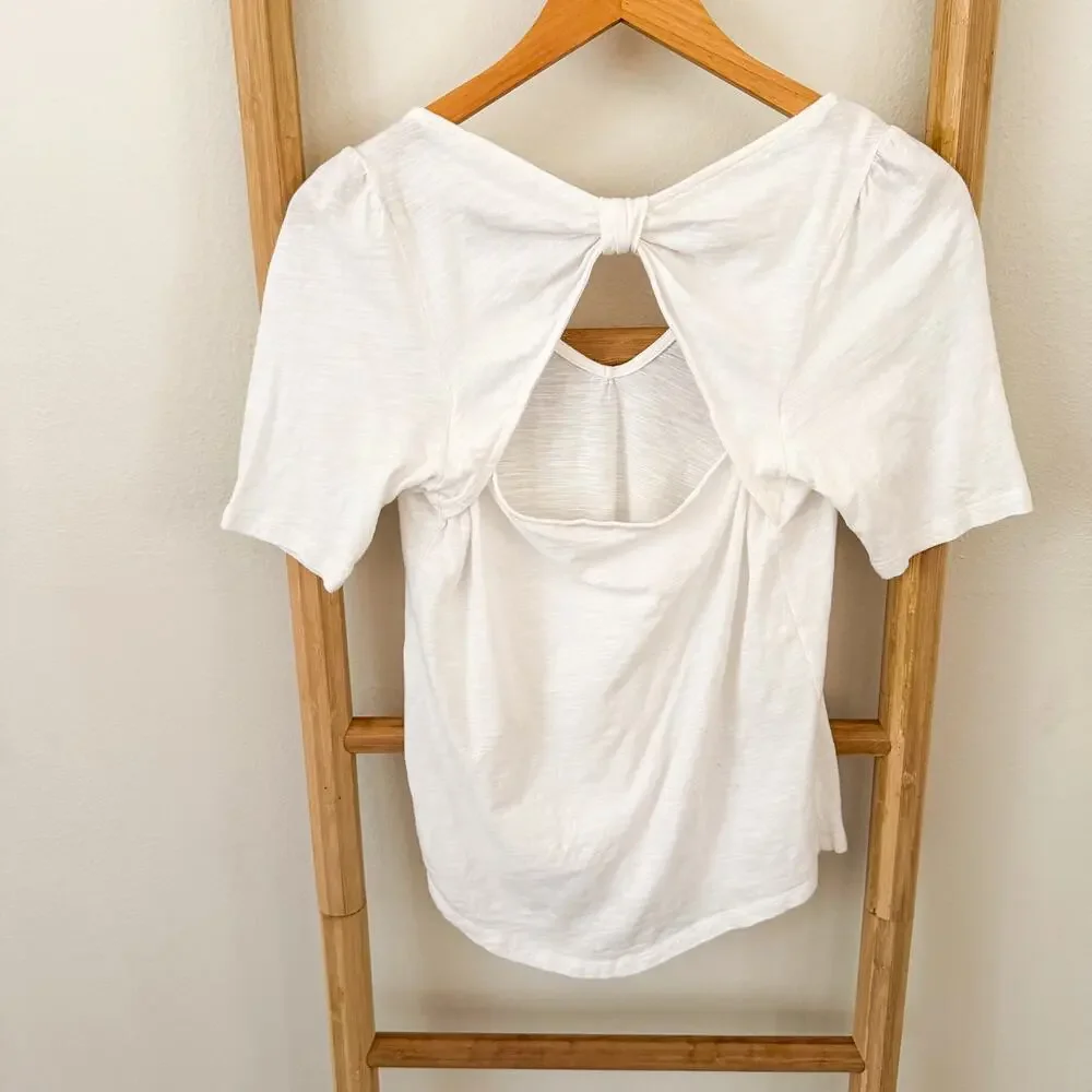 Meadow Rue Anthropologie White Bow Back Tee Puff Sleeve Top Size S